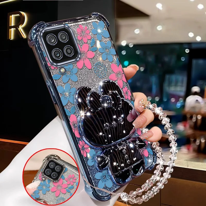 Elegant Blue Floral Phone Accessory Set - Includes Case, Lanyard & Stand