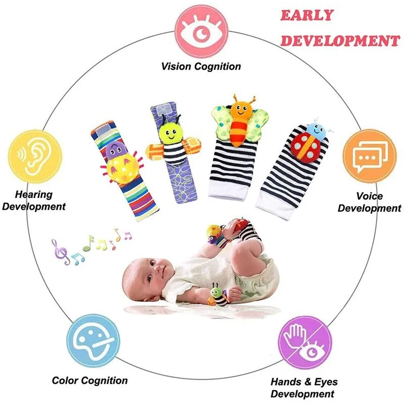 Baby Rattle Toys Soft Cartoon Plush Socks Wrist Strap Rattles for 0-12 Months
