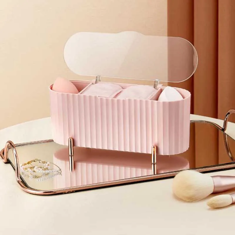 

Dust-proof Makeup Jewelry Organizer Luxury Three Grid Desktop Cosmetics Storage Box for Cotton Pads Swabs Beauty Egg Holder