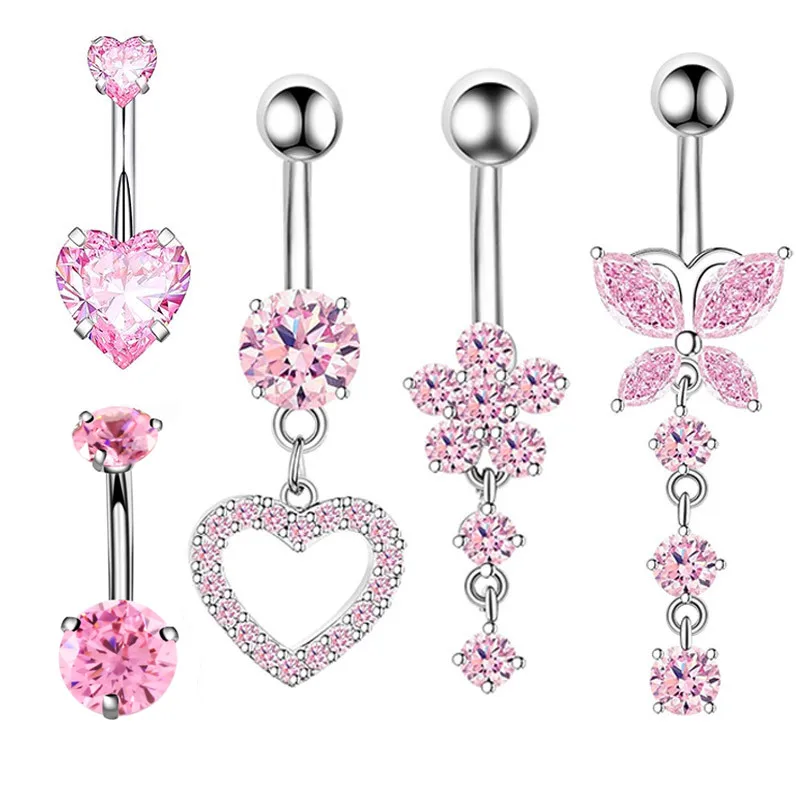 Pink Flower & Blue Crystal Belly Button Ring Set - Heart Navel Barbell Jewelry Collection