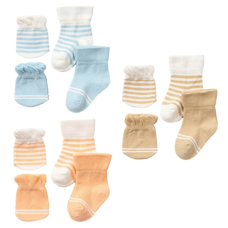 

4X No Scratch Mittens Socks Set Cotton Cozy Soft Gloves Blue Khaki Orange
