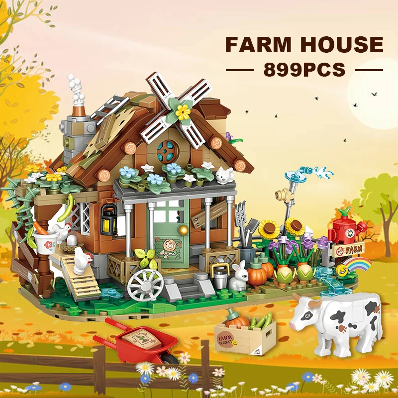 

899PCS Animal Farm House Building Blocks Fairy Tale Forest Log Cabin Mini City Street View Architecture Assembled Brick Toy Gift