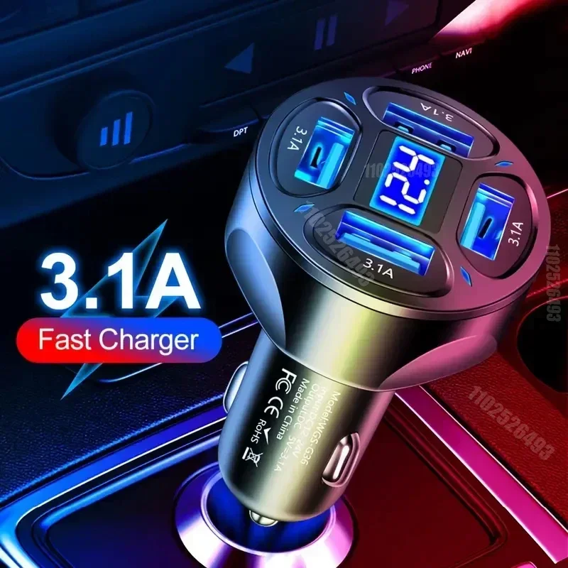 Fast Charging 4 Port USB Car Charger with LED Display