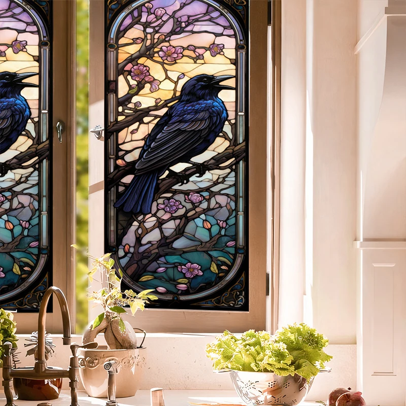 Stained Halloween Crow Colored Glass Film Electrostatic PVC Privacy Window Film Party Window Decor Stickers window film window privacy film window tint sticker