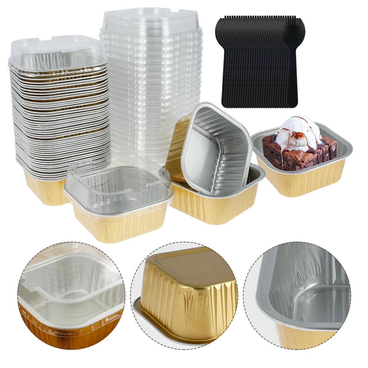 150Pcs Aluminum Foil Cupcake Cups with Lids Spoons Non-Stick Foil Baking  Cups 150ml Square Cups Heat Resistant Utility Container - AliExpress