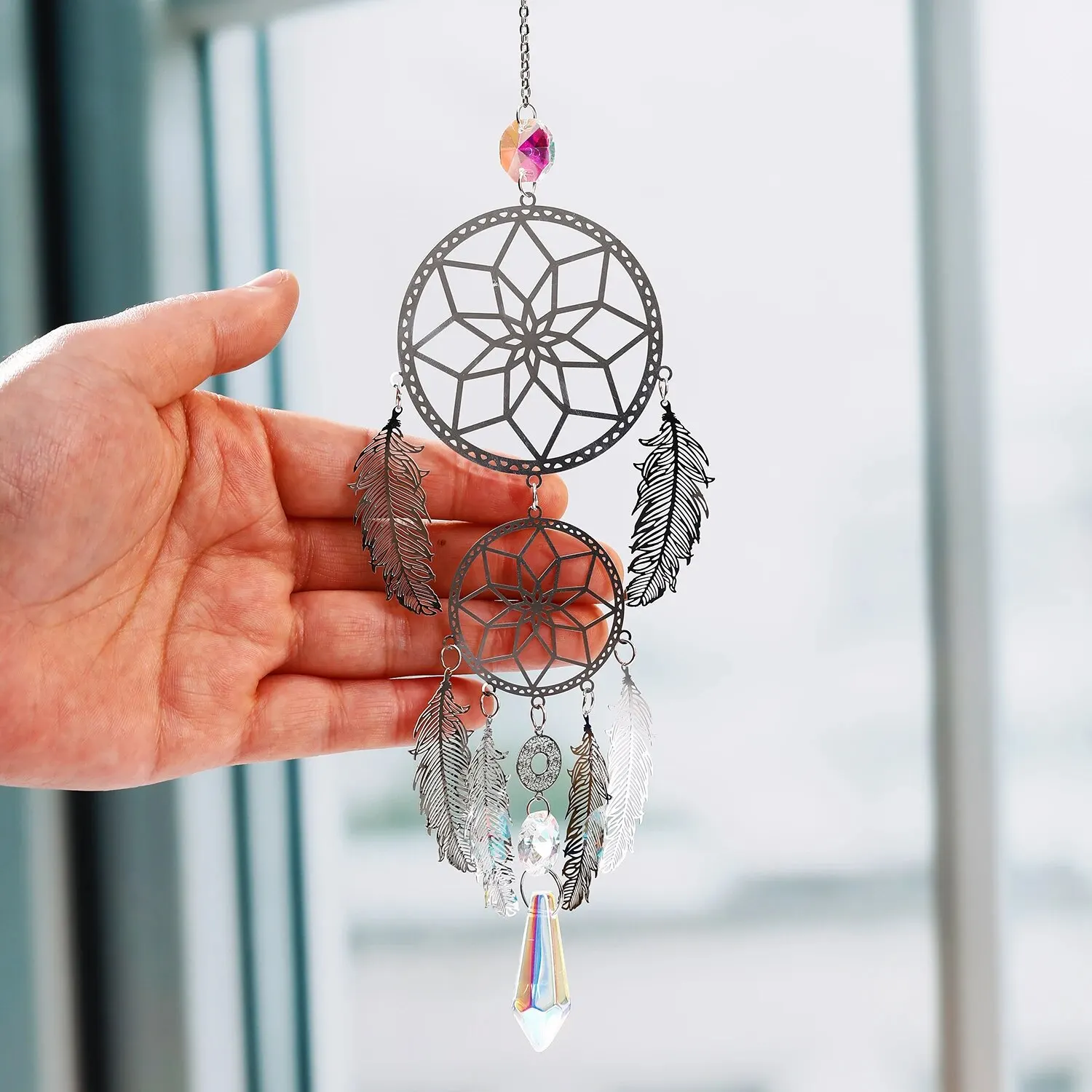 1 Pc Silver Feather Dreamcatcher Outdoor Lighting Crystal Hanging Garden Sun Catcher Holiday Wedding Party Decoration Supplies sun catcher