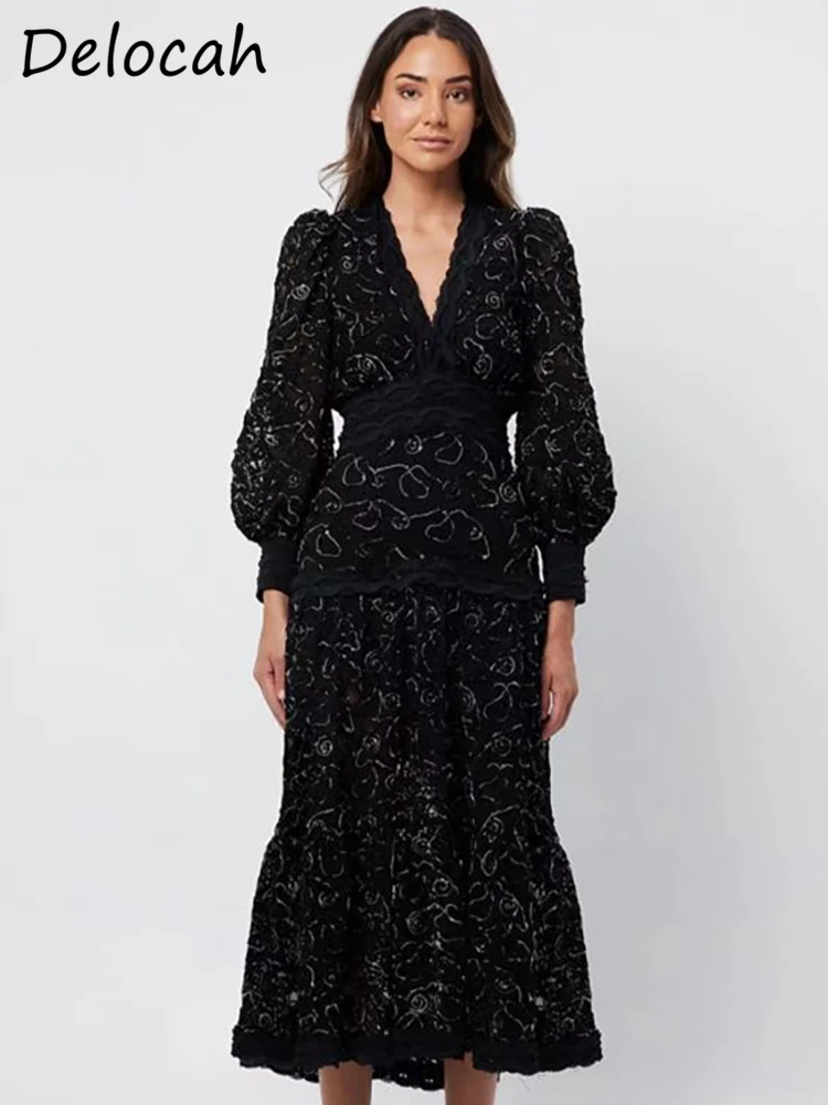 

Delocah High Quality Spring Women Fashion Runway Black Dress Lantern Long Sleeve Elegant Slim Lace Cutout Trim Big Swing Dresses