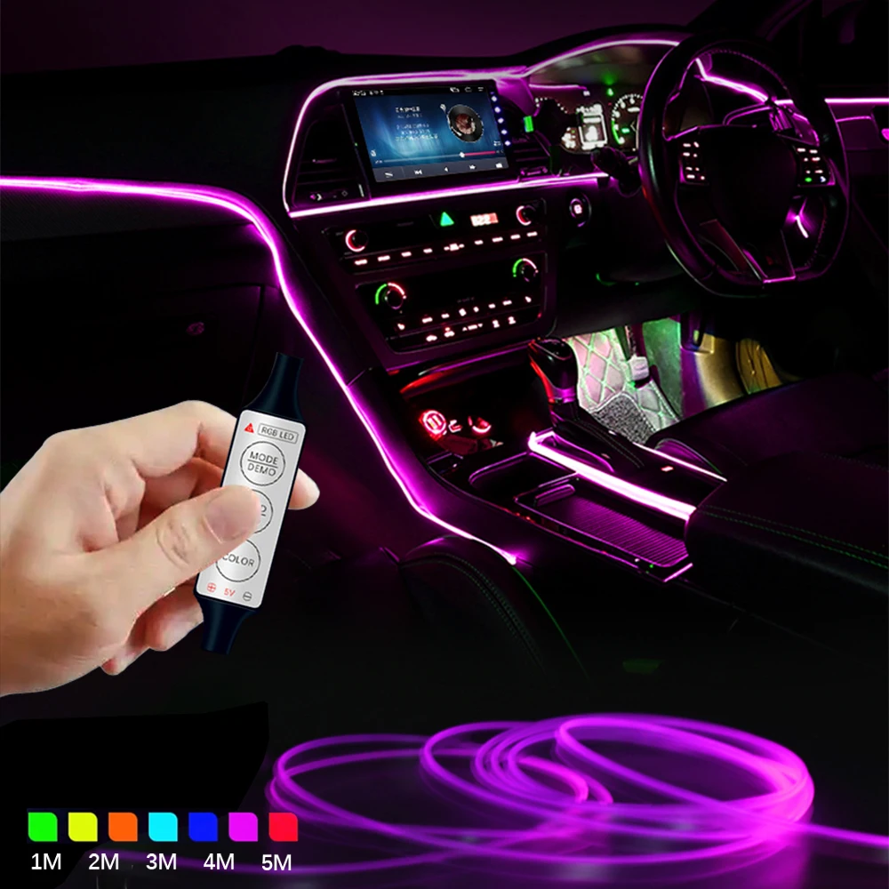 1/2/3/5M Neon RGB Strip Car LED Ambient Light Interior Dashboard Decoration Multiple Mode Optical Fiber Atmosphere Lamp USB DIY