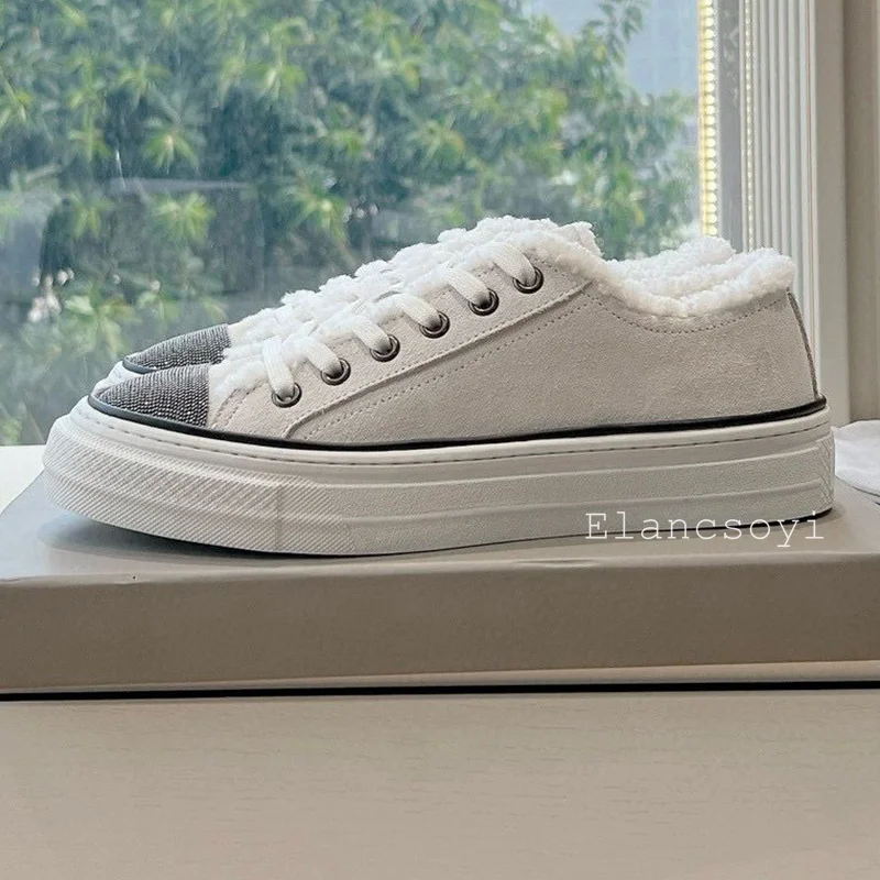 Autumn Winter Real Wool Lining Warm Flat Shoes Women Think Bottom Lace Up Casual Board Shoes Round Toe String Bead Walking Shoes 4