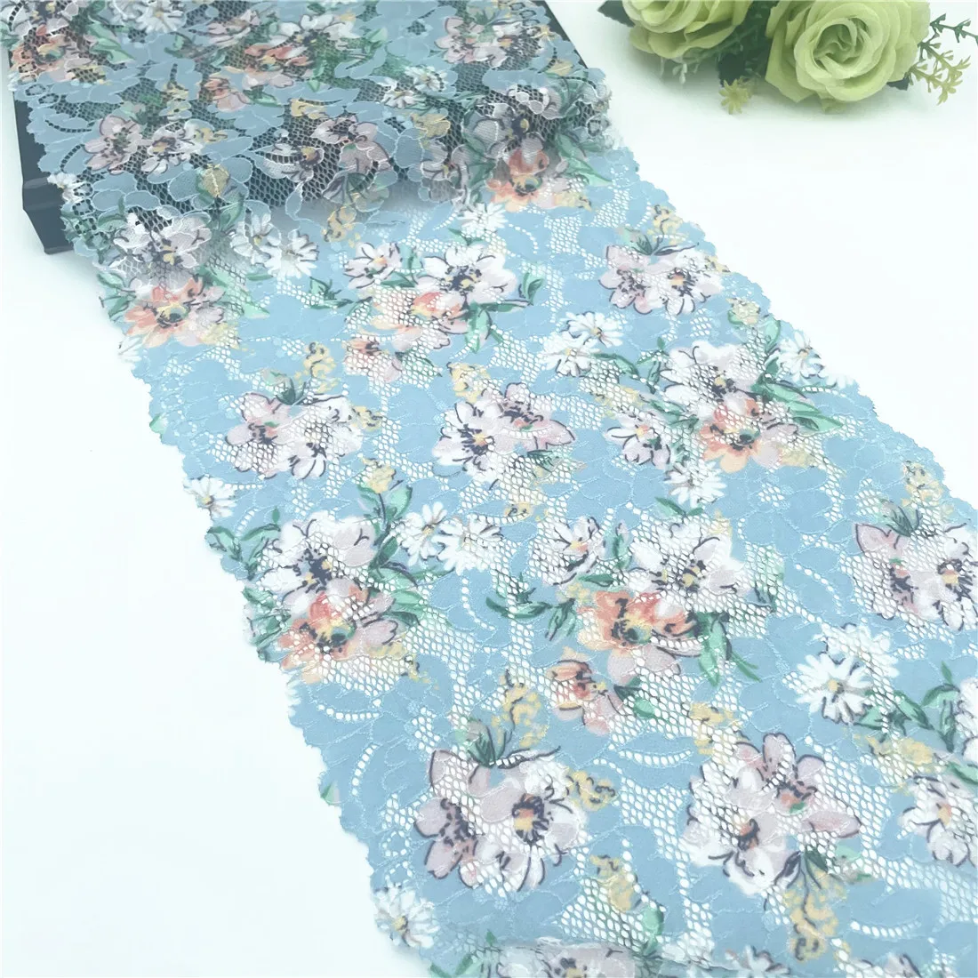 3y/lot Width 24cm Teal Blue Pretty Floral Elastic Lace Trims 3