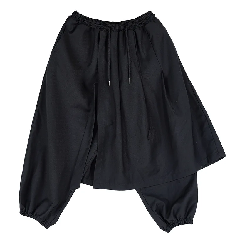 Men Asymmetric Wide Leg Pants Japanese Trousers Culotte Ankle Retro Hippie  Black