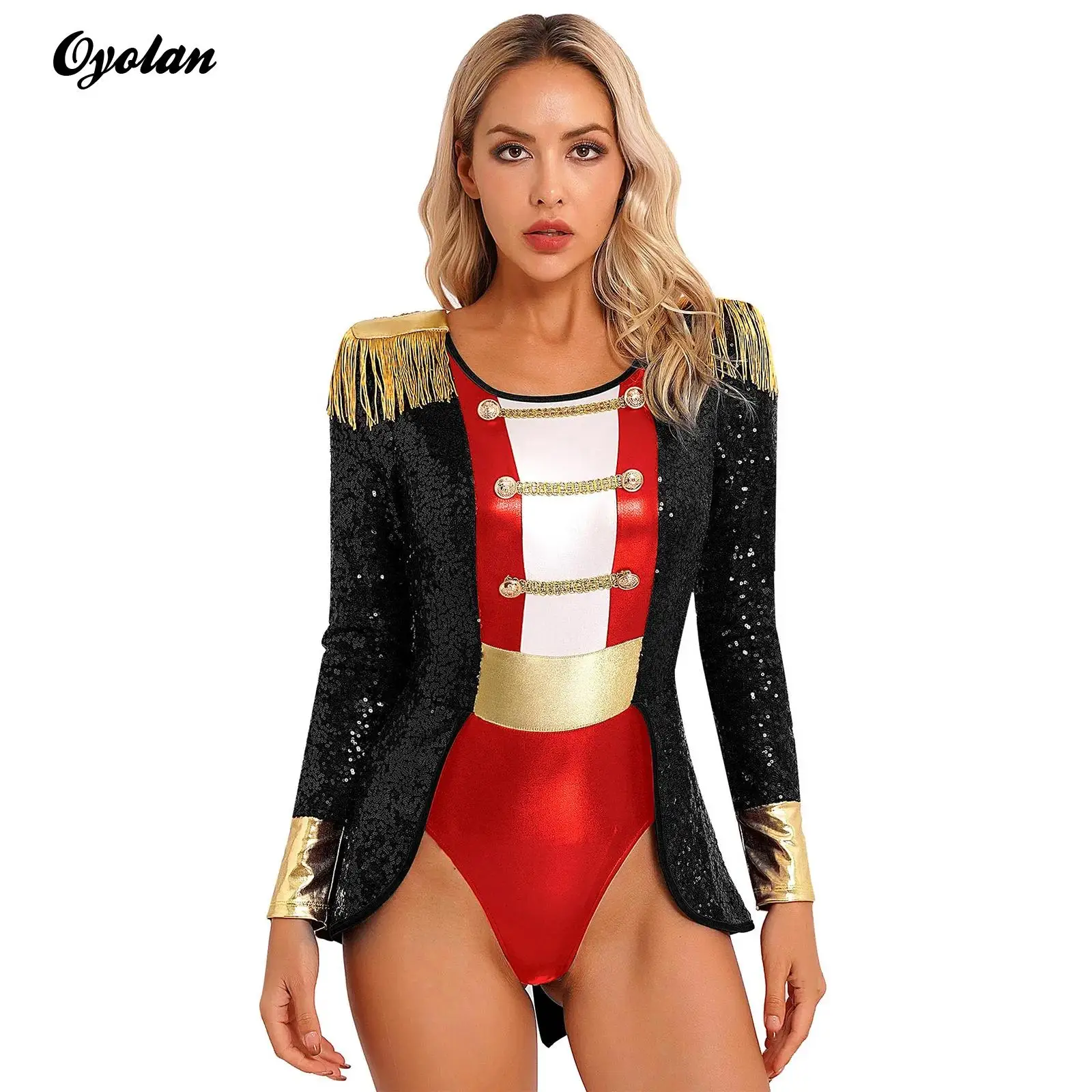 

Womens Circus Ringmaster Cosplay Costume Bodysuit Long Sleeve Allover Sequin Tail Jumpsuit Halloween Festival Director Costumes