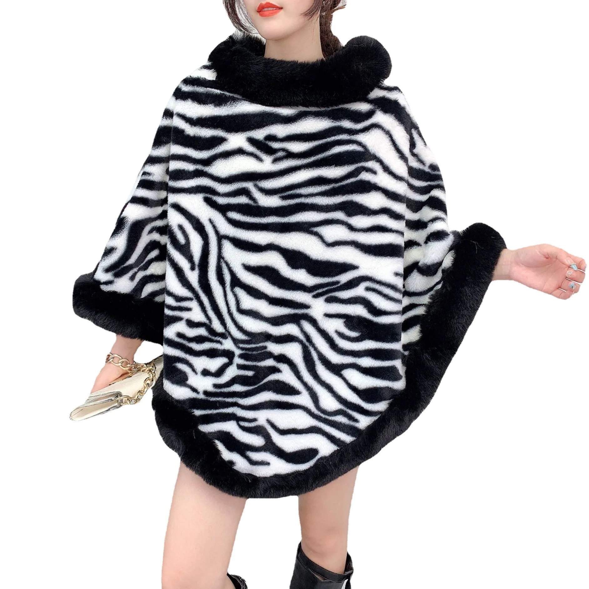 4 Colors Winter Thick Loose Party Poncho Cape Zebra Cloak Women Faux Fur Knitted Long Triangle Out Streetwear Shawl Overcoat