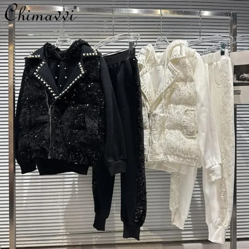 European Station Winter New Pearl Suede Sequins Cotton Vest Brushed Hoody Ankle Banded Pants Streetwear Ladies Three-Piece Set