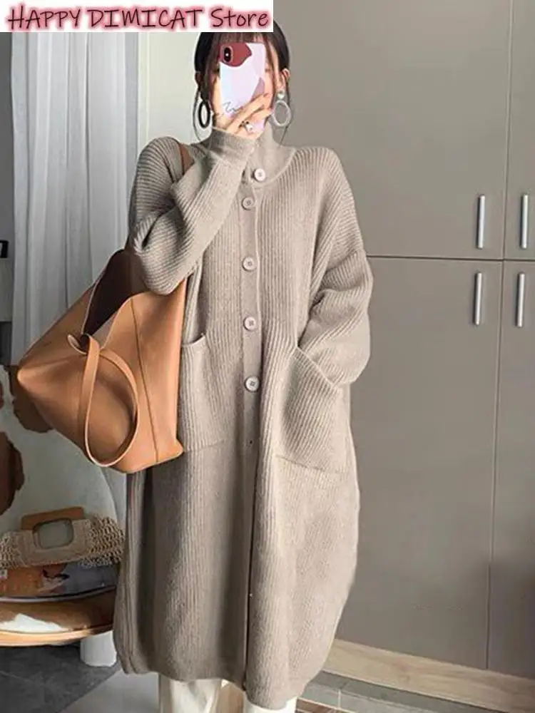 

Women's Sweater Cardigan Long Knitted Autumn Winter New Fashion Thickened Turtleneck Slouchy Loose Long Sleeve Coat