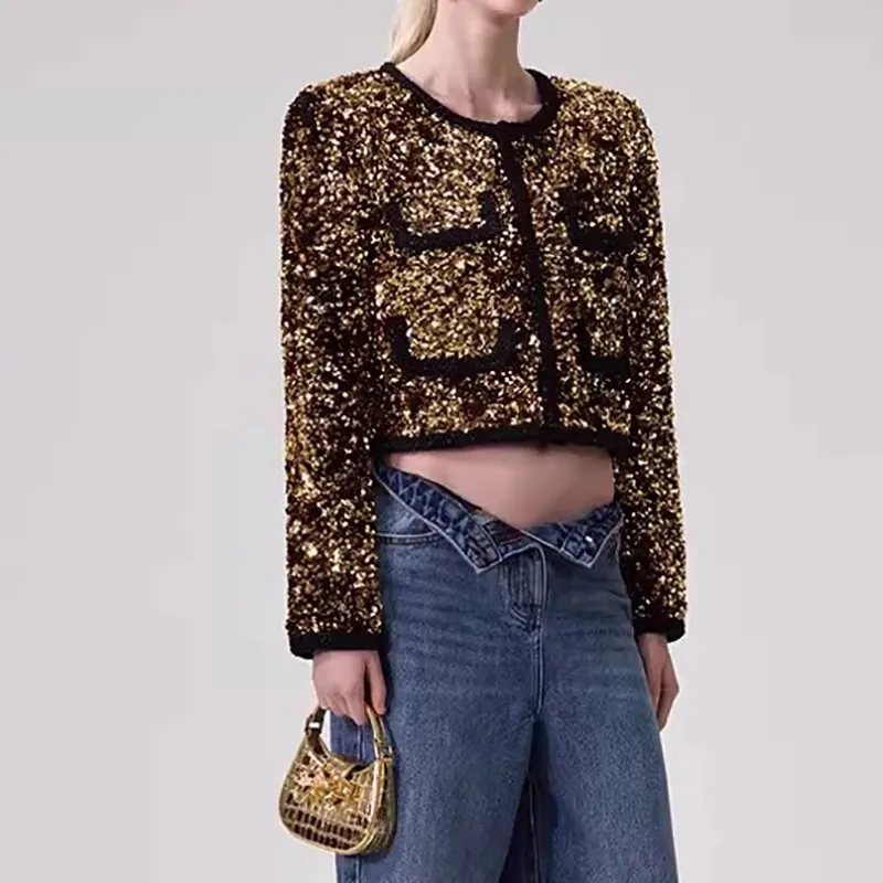 

Autumn Luxury Gold Sequined Jacket for Women 2023 Runway Designer Elegant O-neck Short Chaquetas Para Mujeres Veste Femme