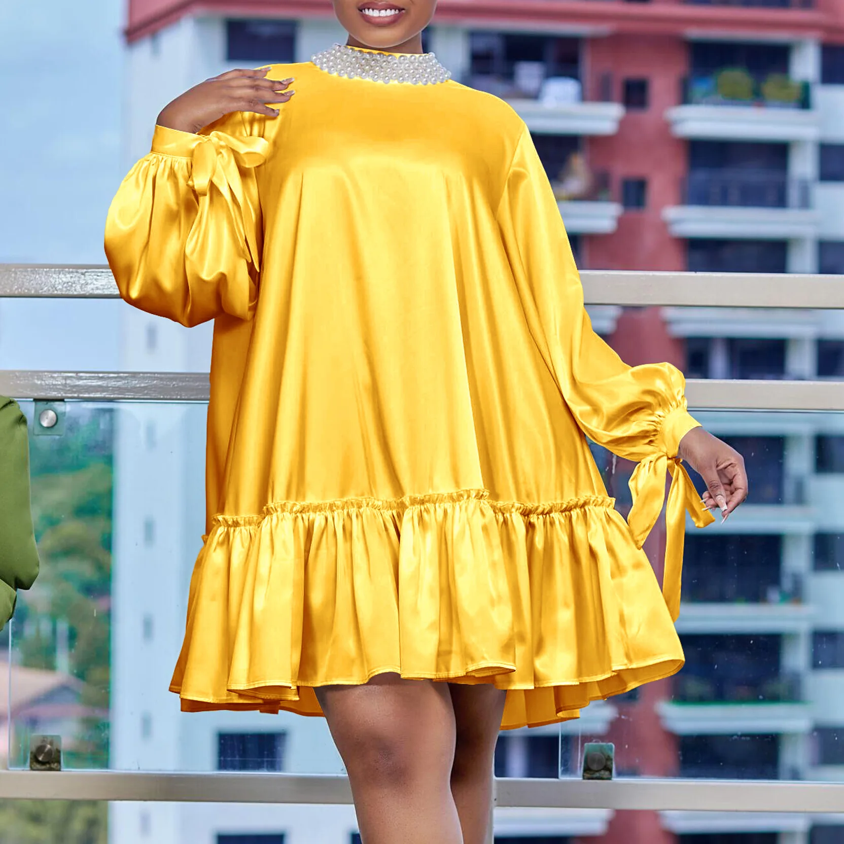 

2023 African Dresses For Women Summer Long Sleeve Beading Collar Party Dress Elegant Knee-Length Christmas Event Evening Gown