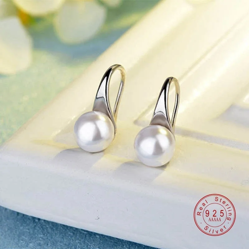 Pearl Earrings 925 Silver Needle Big Freshwater Pearl Round Sterling for Women