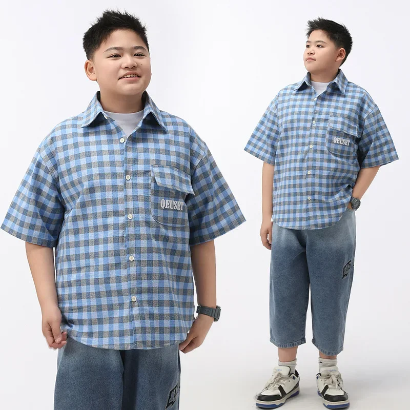 Boys Summer Short Sleeve Shirt Plaid Half Sleeve Trendy Sports Style Children's Clothing Big Kids Middle School Students