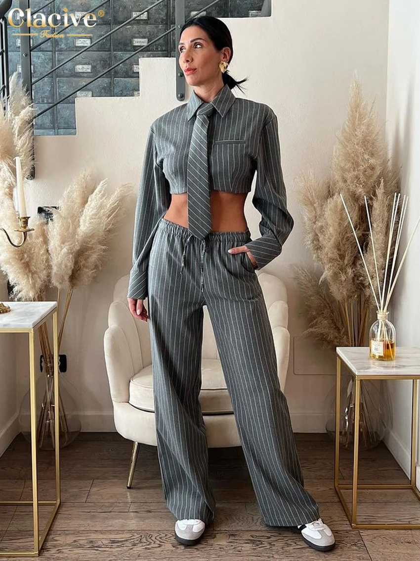 Clacive Fashion Slim Stripe Print 2 Piece Sets Women Outfit Bodycon Long Sleeve Crop Shirt With High Waist Wide Pants Set Female