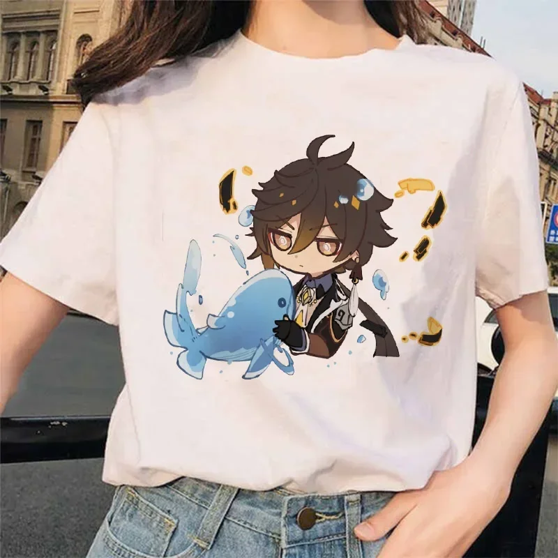 

Genshin Impact Short Sleeve Tee Shirt Zhong Li Morax Tees Women T-shirt 2024 Summer Cartoon Streetwear Print O-Neck Top Harajuku