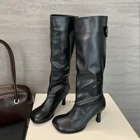 Eilyken Autumn Winter Cosy Button Woman Knee-High Modern Boots Fashion Round Toe Thin Heels Ladies Long Booties Party Shoes - Image 5