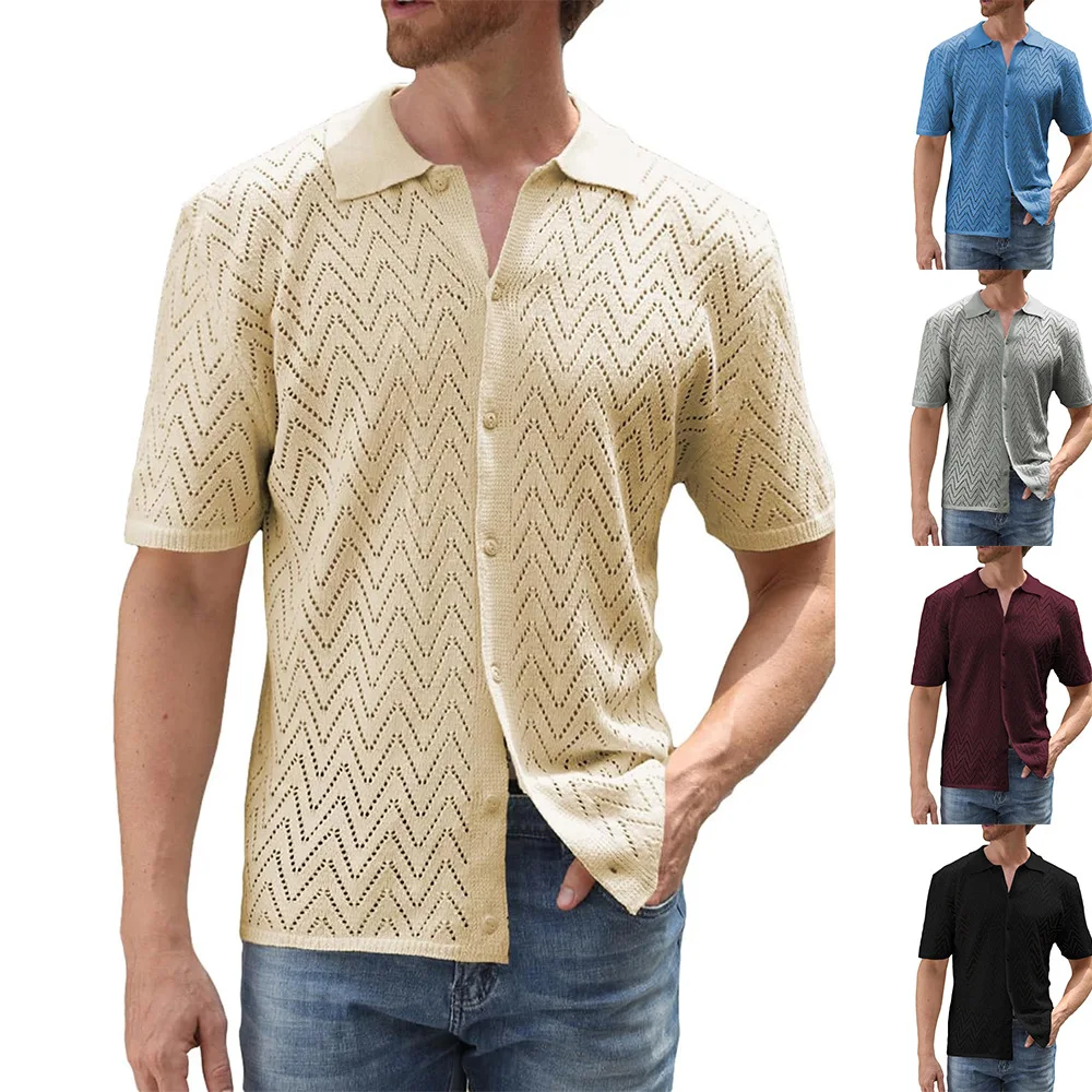 2024 Summer  Men Shirts Knitted Hollow Out Breathable Casual Shirt Solid Color Single Breasted Male Knit Short-sleeved Shirts