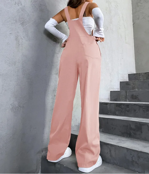 Retro Pocket Solid Color Straight Leg Utility Overalls Loose Fashion Casual Pants