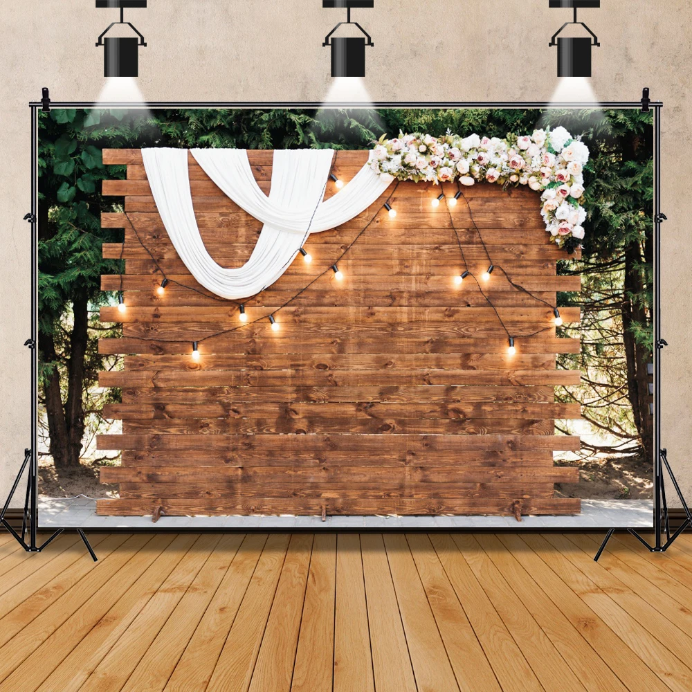 Photo Backdrop Wedding Wooden Wall Backdrops Vintage Garland With Luminous Bulbs Decor Pots With Flowers Candle Party Photographic Backdrops