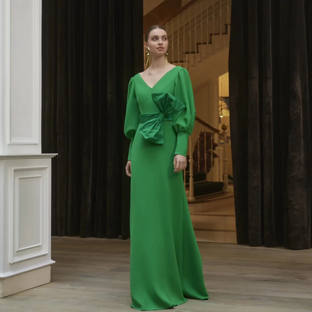 

Elegant Green Mother of the Bride Dresses V Neck Long Sleeves Wedding Party Gowns Bow Pleat Floor Length A-Line فساتين السهرة