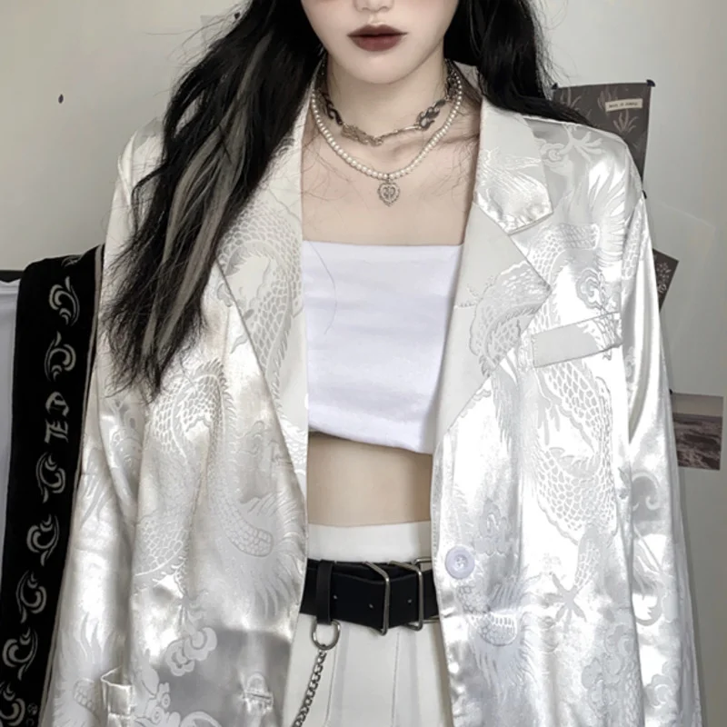 2023 New Blazer Women Korean Fashion Casual Gothic Vintage Dragon Jacket Retro Long Sleeve Thin Loose Blazers Coat Streetwear