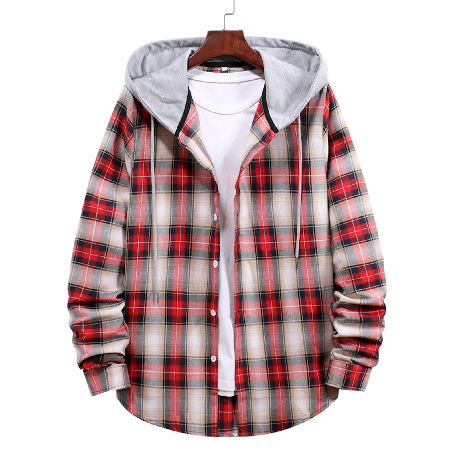 

Male Casual Autumn Large Plaid Print Shirt Hooded Long Sleeve Shirt Slim Fit Art 3d Digital Print Flower Retro Solid Shirts 2023