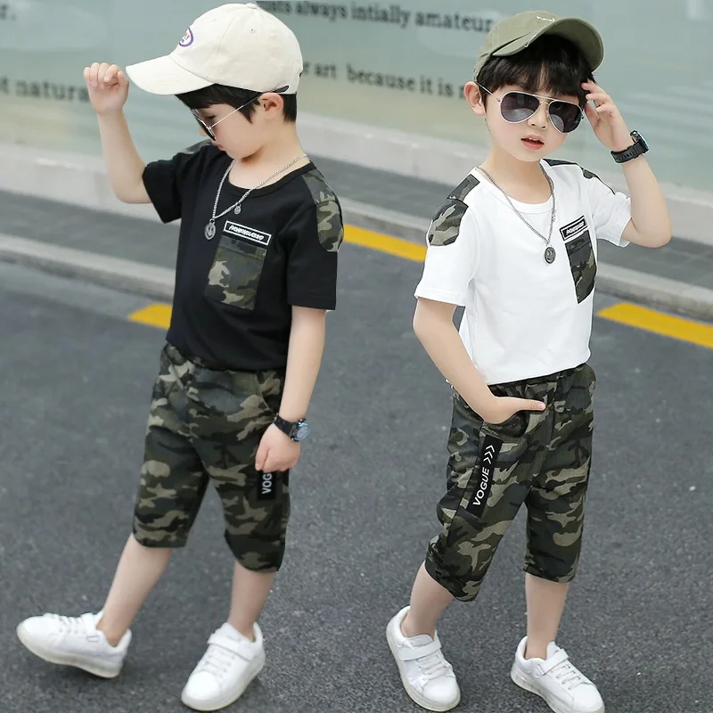 

2Pcs Suit Kids Sport Outfits Boys Summer Clothing Set Children's Short Sleeve + Multiple Color Camouflage Shorts