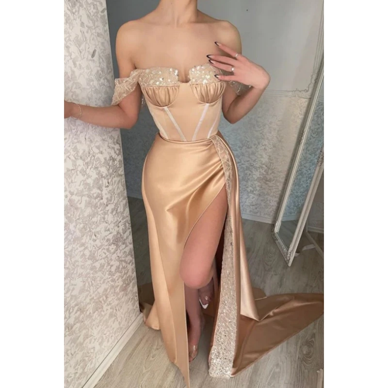 

Simple Sweetheart Evening Dresses Off The Shoulder Trumpet Prom Dresses Smooth Satin Sexy Side Slit Woman's Formal Beach Party