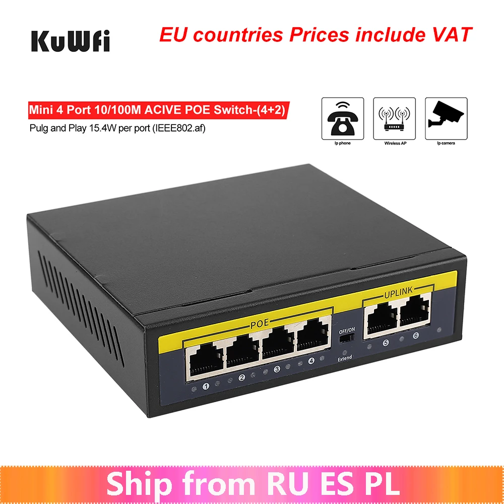 Kuwfi Poe Switch 4 Poe+2 Uplink Ieee802.3af/at For Ip Camera/wireless Ap/wifi  Router 10/100m Network Switch With Extend Port - Network Switches -  AliExpress