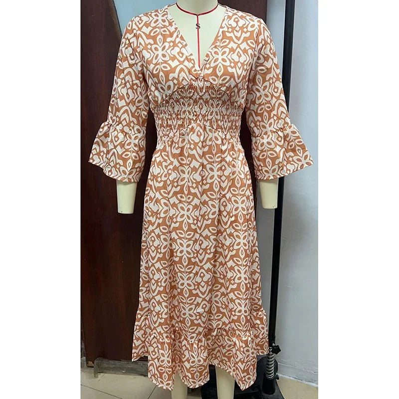 New Women's V-neck Dress Cropped Sleeves Floral Seaside Holiday Dresses Casual Loose ElegantElastic Waist A-line Long Skirt 5