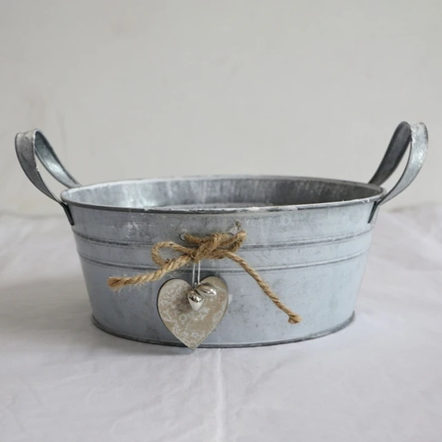 Kreatív Rusztikus Stílusú Horganyzott Fém Virág Kád 25*10 Cm -Es Dupla Fogantyúval Vas Váza Növény Vödör Az Otthoni Parasztház Esküvői Dekorációhoz - Image 6