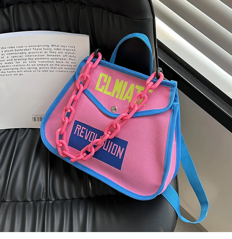 Canvas Women's Shoulder Bag Chain Casual Totes Contrast Color Ladies Crossbody Bag Trend Letter Print Fashion Designer Handbags