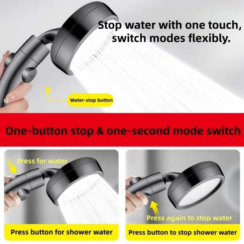 Enhanced Arc Showerhead with Dual Functionality and 360° Swivel, Featuring Top Spray and Handheld Options with One-Click Stop and Soft Water Flow