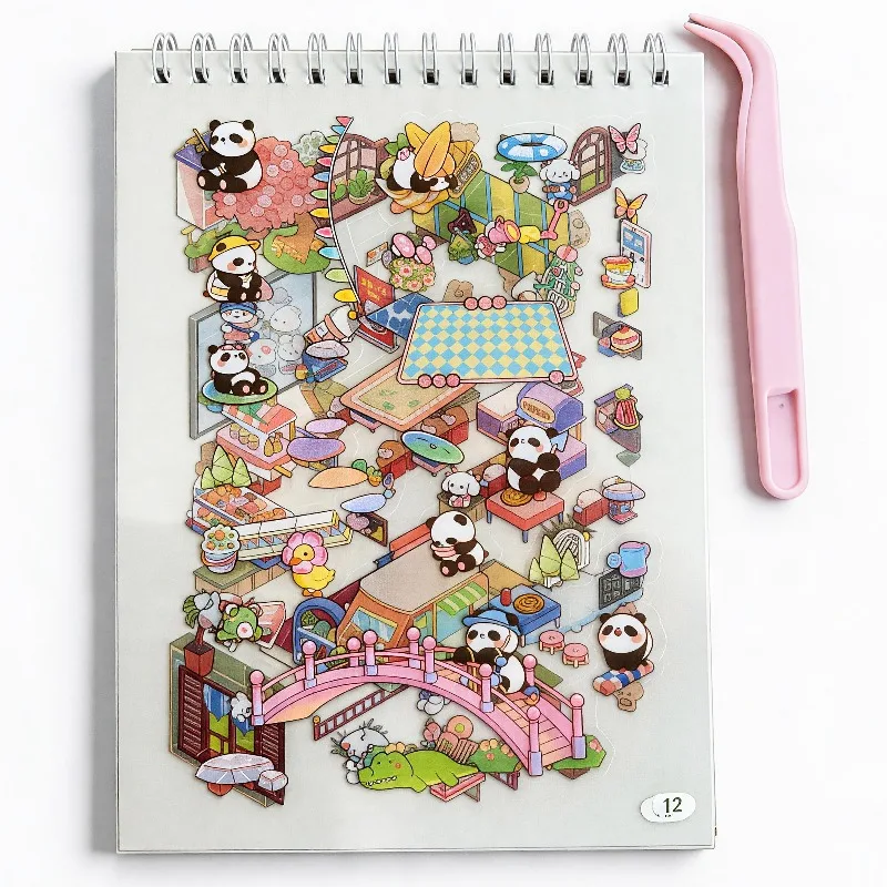 보라색 3D 장면 스티커북, 8가지 미니 장면 DIY 조립 스티커, 미니 하우스 플래너 장식, 창의적인 선물 포함