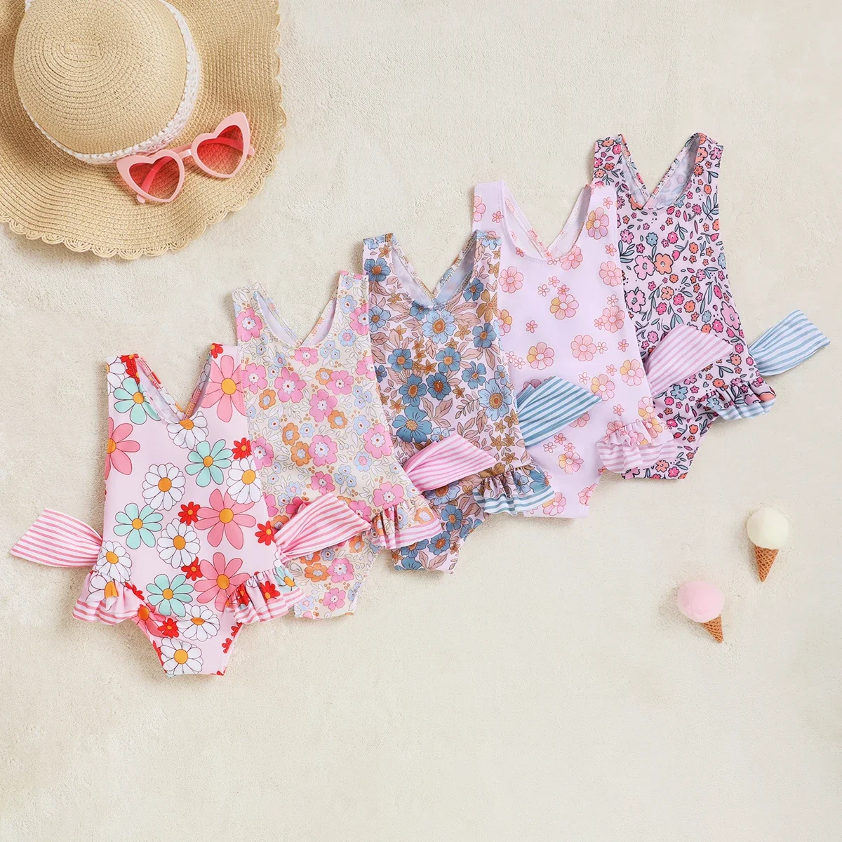 

Toddler Girls Swimsuit Floral Print Bow Beachwear Sleeveless Ruffle Summer Beach Swimsuit 2 To 6 Years Old