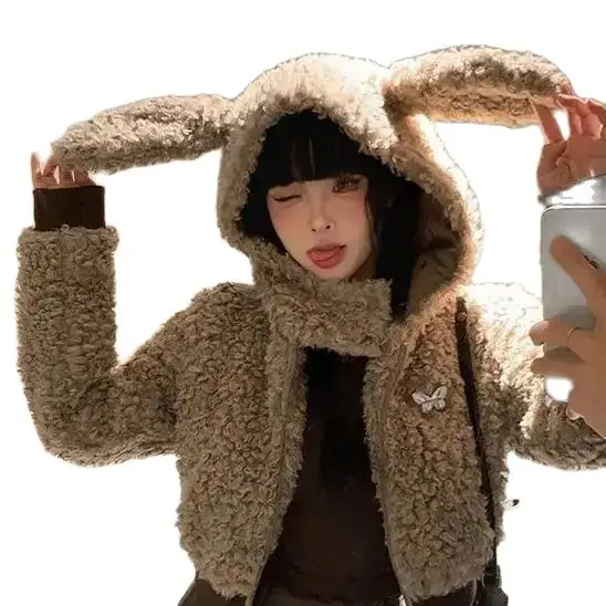 Suit Winter Preppy Style Sweet Outerwear Short Length Chic Fleece Women Jackets Kawaii Rabbit Ear Y2k Lamb Wool Coats Korean