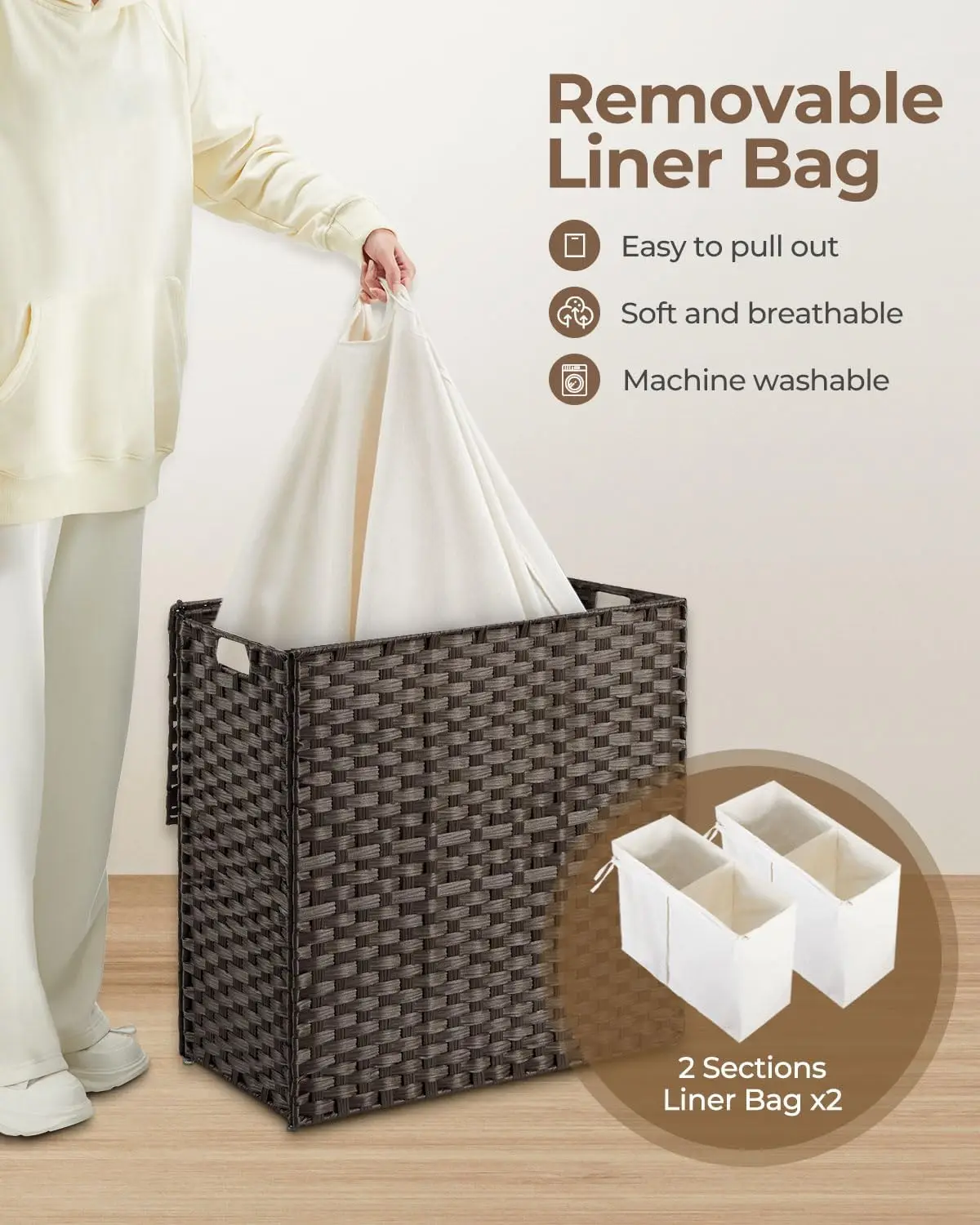 Laundry Hamper with lid 130L Wicker Laundry Baskets Foldable 2 Removable Liner Bags 2 Section Clothes Hamper No Install Needed