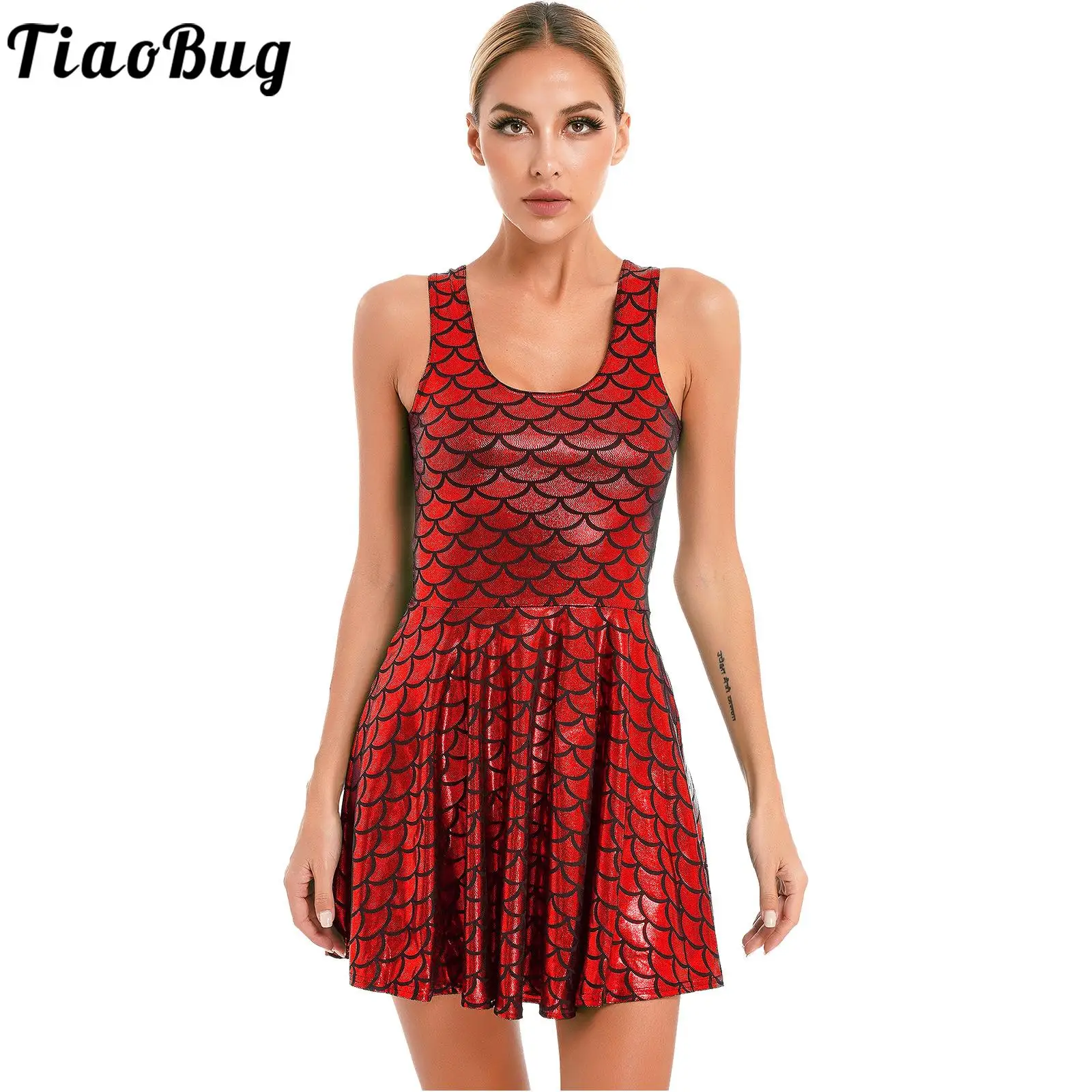 

Womens Metallic Shiny Fish Scale Print Dress Sleeveless U Neck Ruffled Dresses for Nightclub Rave Party Music Festival