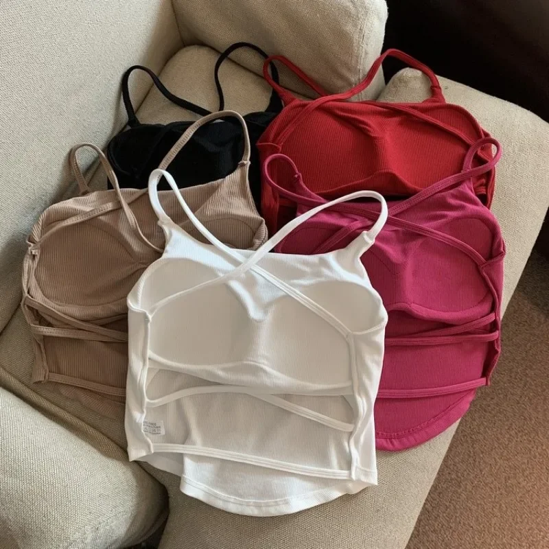 

Red Halter Vest Female with Summer Short Bra with Breast Pad Sexy Beauty Back Base Blouse Multi-color