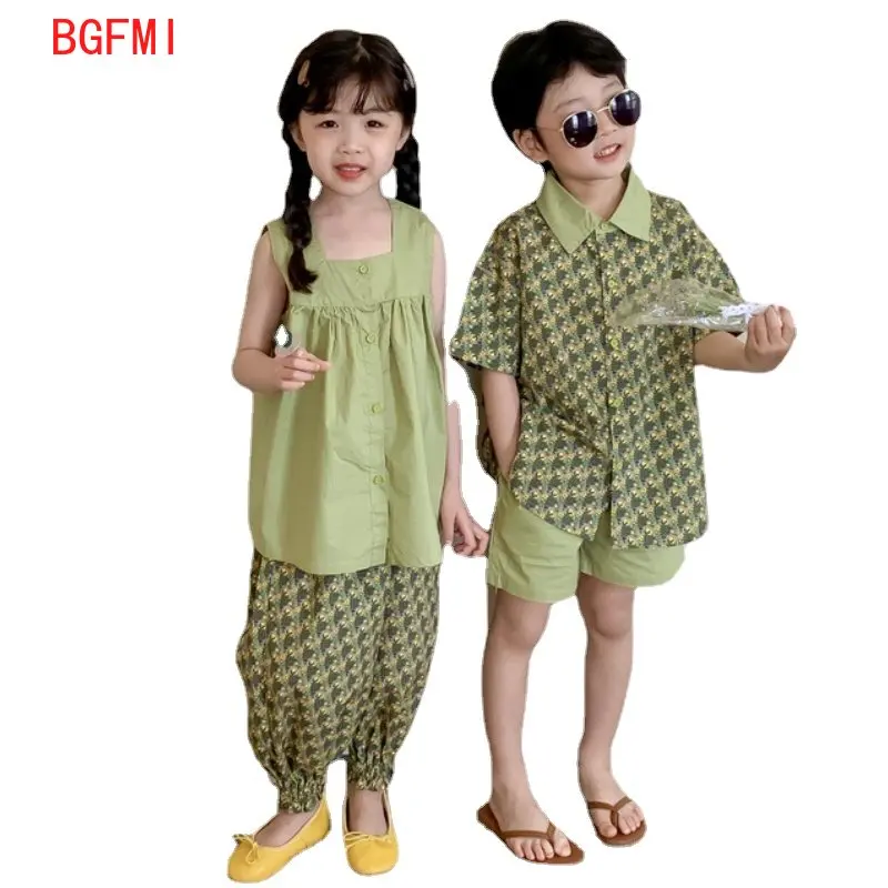 

2-10Y Summer kids clothes Boy Girl Matching Clothes Brother Sister Floral Short Sleeve Shorts 2pcs Suit Twins Siblings Outfits