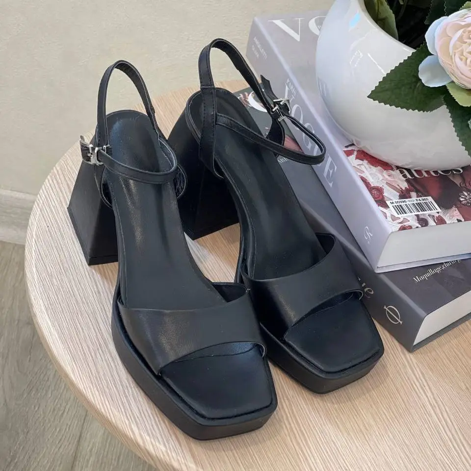 Women High Heels Platform High Heels Sandals Platform Sandals Women Genuine Leather Shoes Super High Heel Platform Sandals Buckle Thick Heel Square Toe
