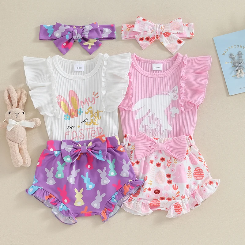 

3Pcs Baby Girl Easter Clothes Bunny Letter Print Fly Sleeve Romper with Shorts and Bow Headband Summer Casual Outfit