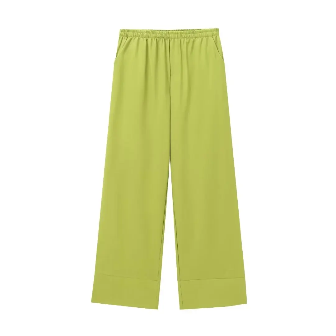 thumbnail image 1 of HH TRAF - Pantalón de pijama para mujer, estilo cintura alta, liso, pierna ancha, con bolsillos, plisado, cintura elástica, ajustado, largo, 1 of 5
