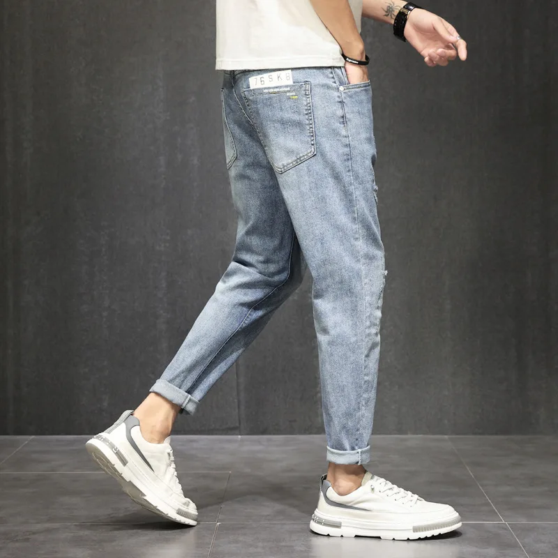 Pierced jeans men's spring and Autumn New Korean fashion small foot nine point pants straight autumn  handsome casual pants